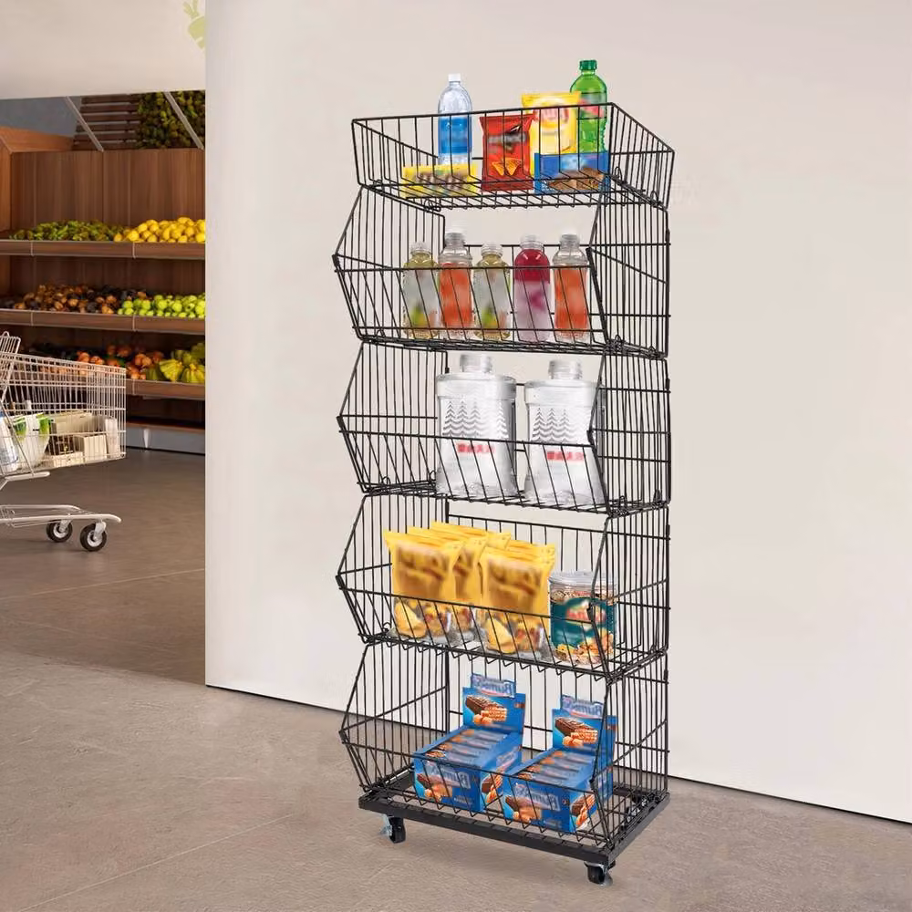 Ventryn 5 Tier Metal Wire Grid Display Rack with Wheels in Black – 4
