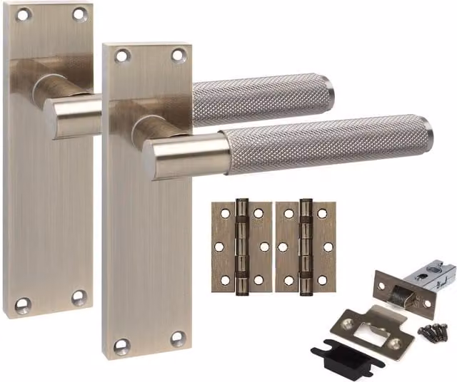 Golden Grace Victorian T-Bar Knurled Door Handle Set with Long Backplate, Latches and Ball Bearing Hinges, Black