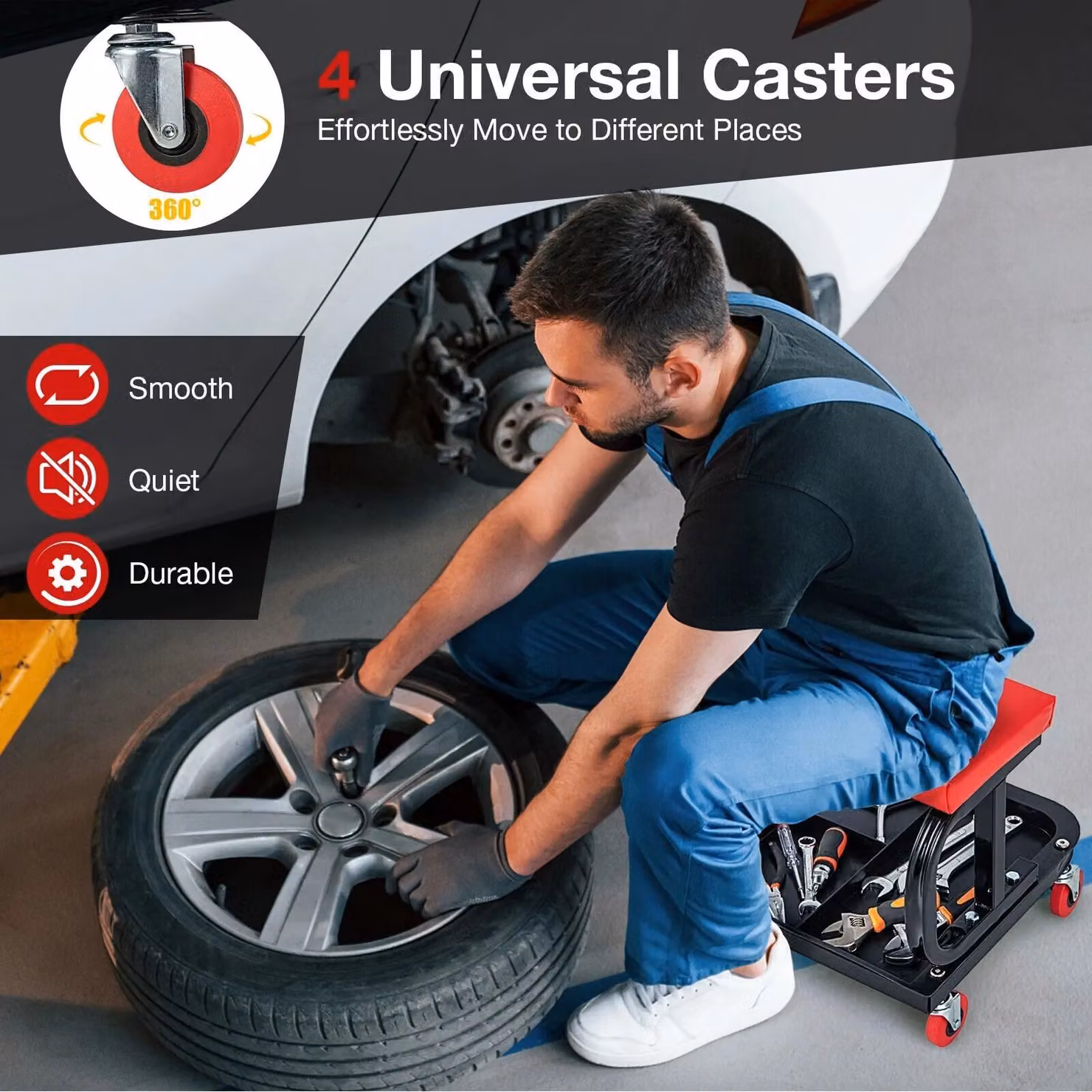 Costway Rolling Workshop Creeper Mechanic Stool with Soft Padded Seat and Tool Tray Storage, Red and Multicolour – 3