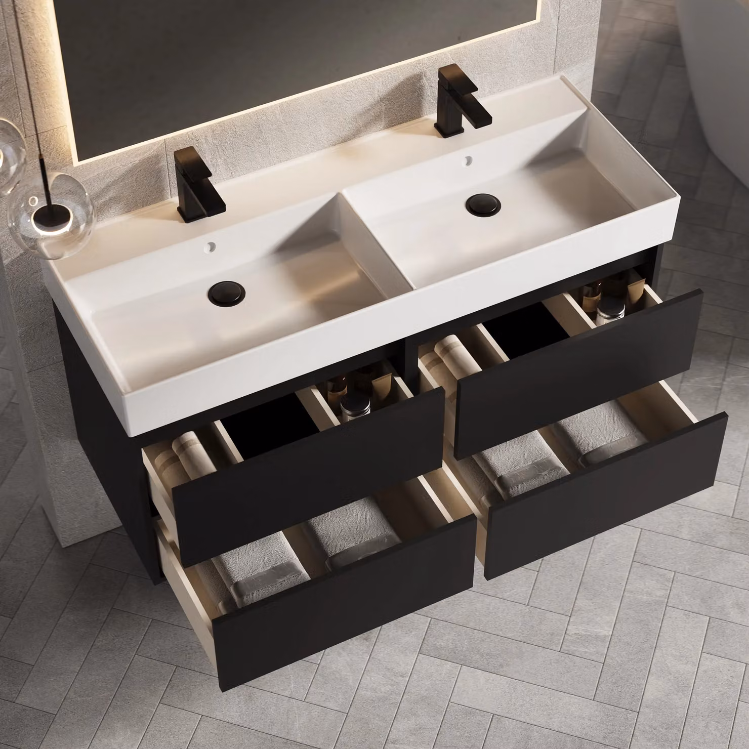 Banyetti Venti 1200mm Wall Hung Vanity Unit with Veneto 2 Tap Hole Basin, Matt Black, W/D/H: 120 x 45 x 48 cm – 3