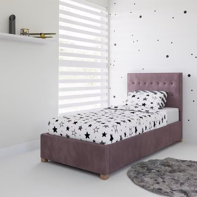 Rest Relax Amelia Pink Fabric Upholstered Single Ottoman Bed with Lift Up Base, W/D/H: 90 x 200 cm