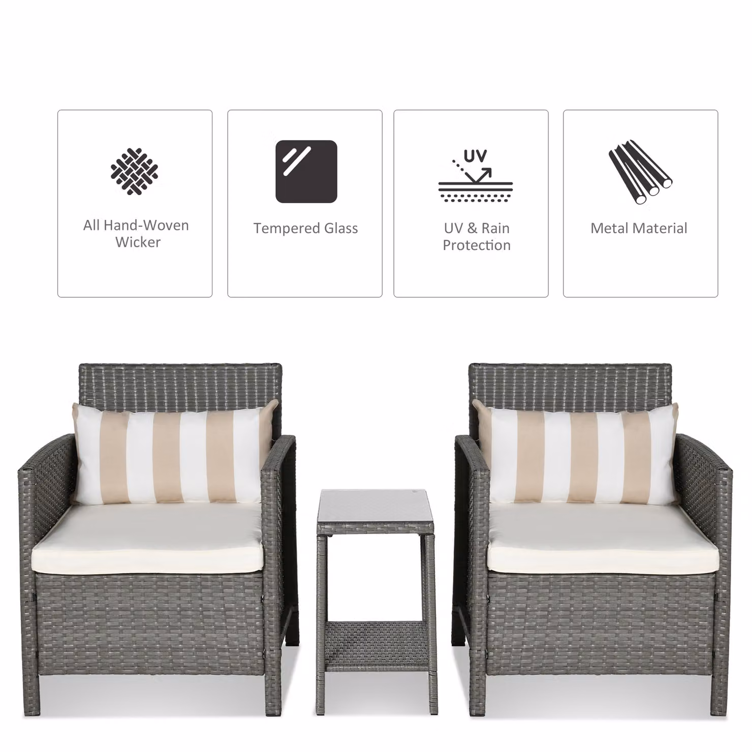 Outsunny 3 Piece Waterproof Rattan Garden Bistro Set with Striped Cushions in Grey – 4