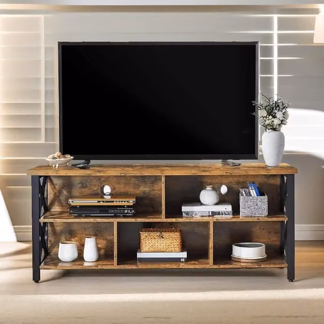 Pirlo Plush Industrial Rustic Brown 3 Tier TV Stand Unit with Open Shelves, W: 139.7 cm, D: 40.64 cm – 1