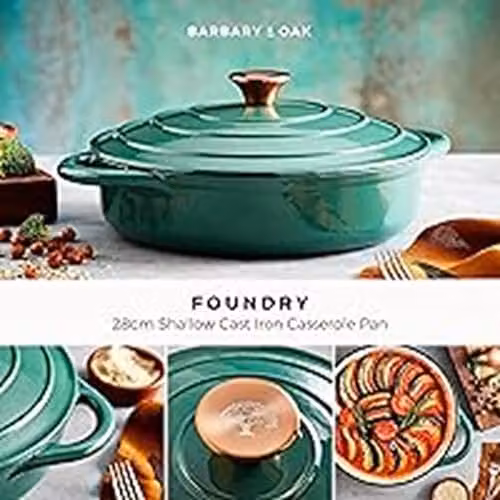 Tower Shallow Cast Iron Casserole Pan with Enamel Interior, Green, 28cm – 2