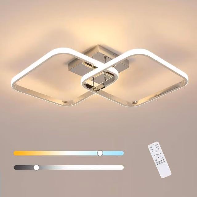 Goeco Modern Square LED Ceiling Light in Metallic Silver, 50W, Dimmable with Remote Control