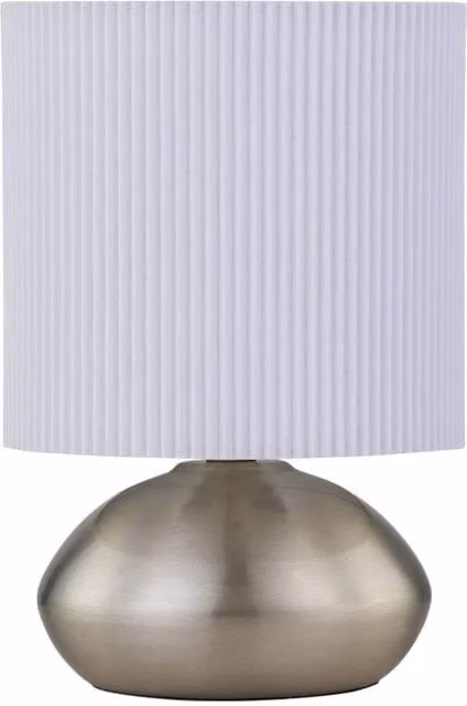 First Choice Lighting Jenson Touch Table Lamp in Brushed Chrome with White Fabric Shade