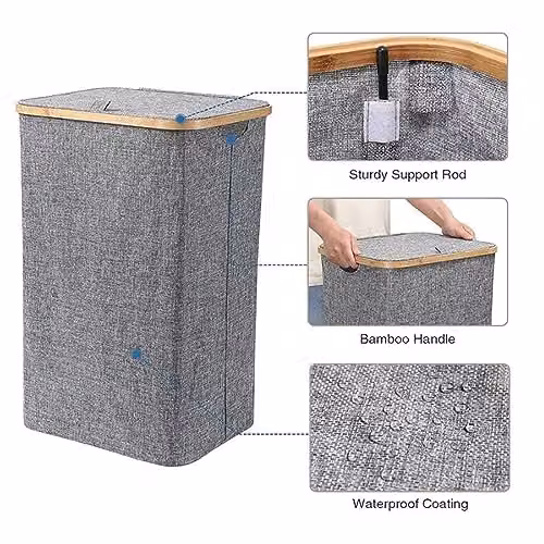 AMOS 100L Laundry Basket Bin with Lid, Grey Collapsible Fabric Washing Basket with Removable Inner Bag and Handles – 2