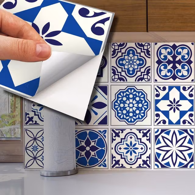 Walplus Wall Tile Stickers in White and Blue, 24 Pack, 15 x 15 cm