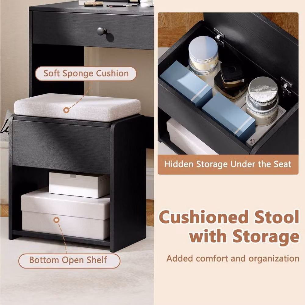 Costway Wooden Vanity Desk with Stool and Hollywood LED Mirror in Black – 7