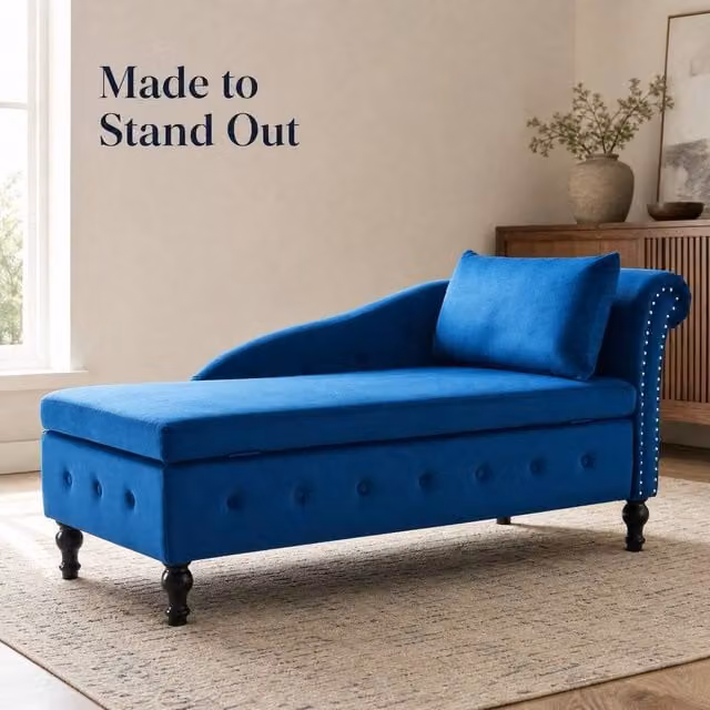 STILVORA Blue Velvet Chaise Lounge Sofa with Storage and Wood Frame