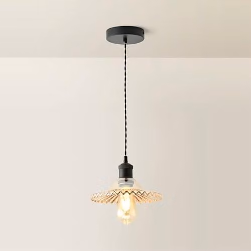 ValueLights Lucrezia Black and Amber Pendant Light with Frilled Glass Shade – 1