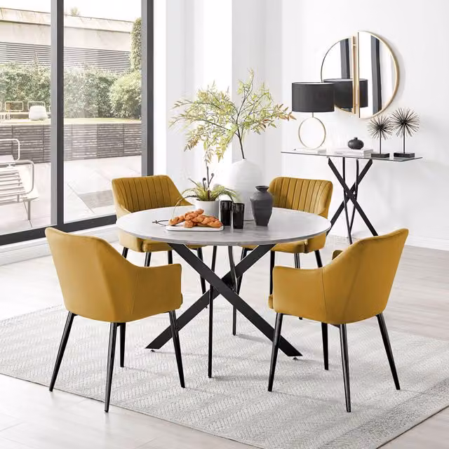 FurnitureboxUK Novara Grey Concrete Round Dining Table with 4 Calla Mustard Chairs and Black Legs, Diameter: 120 cm