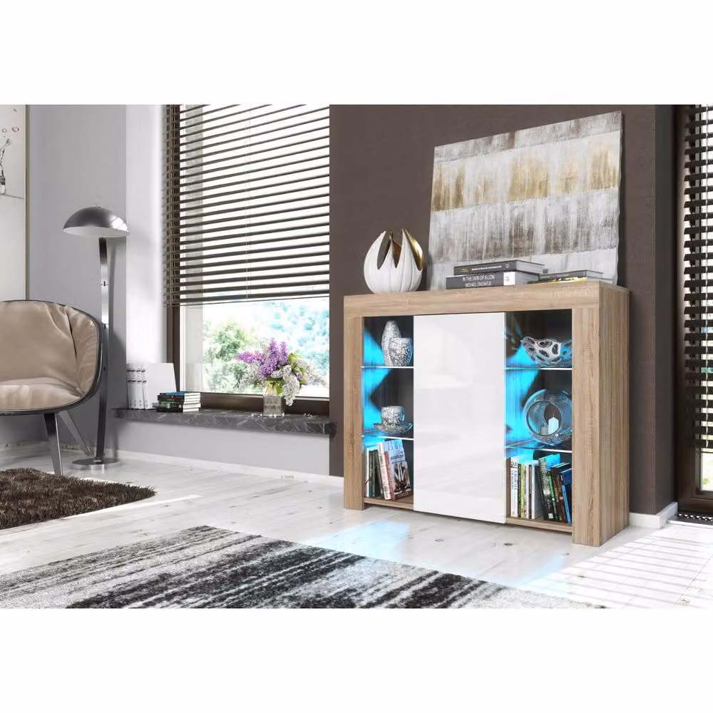 Mex Furniture LTD Harbor Sideboard in Oak and White Gloss with Integrated LED Lighting, Width: 97 cm – 2