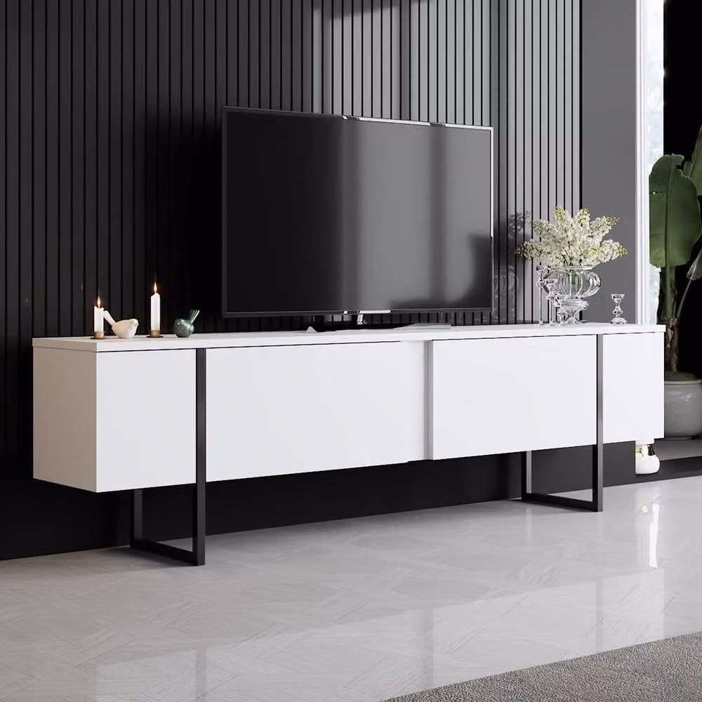 Calicosy Luxury Modern TV Stand with 2 Drop-Down Doors, White, W/D/H: 180 x 50 x 30 cm – 1