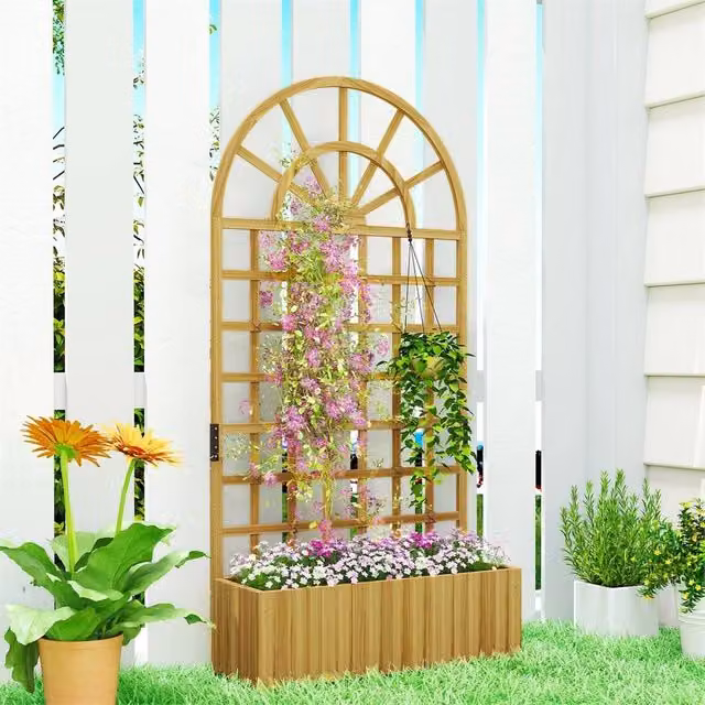Nordara Wooden Raised Planter with Trellis for Climbing Plants in Brown and Sand