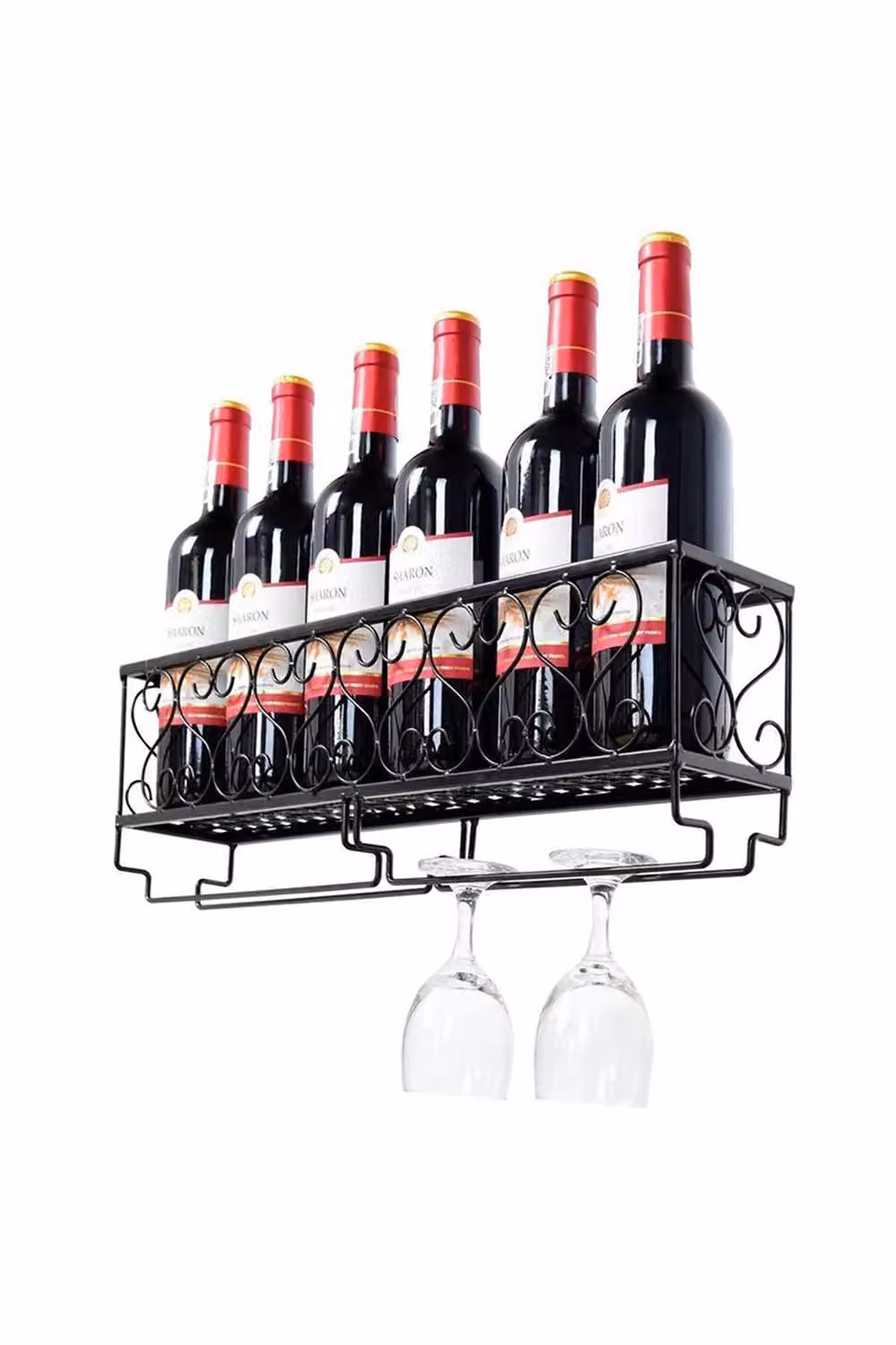 Living and Home Wall Mounted Metal Wine Rack and Champagne Glass Holder in Matt Black, Width: 50 cm – 3