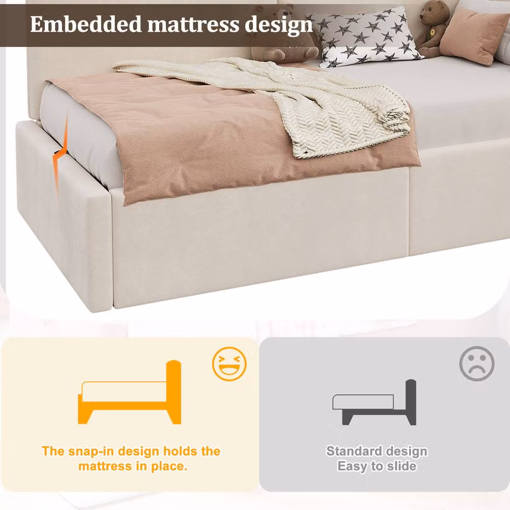 ModernLuxe L-shaped upholstered daybed in beige with hydraulic storage and integrated reading light, W/D/H: 90 x 190 x 100 cm – 2