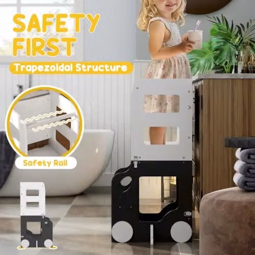 AIYAPLAY 4 in 1 Toddler Learning Tower Step Stool with Chalkboard in Grey and White – 4