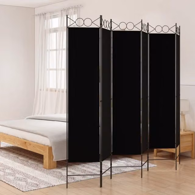 Berkfield Home 6-Panel Room Divider in Black Fabric and Metal, W: 240 cm, H: 200 cm