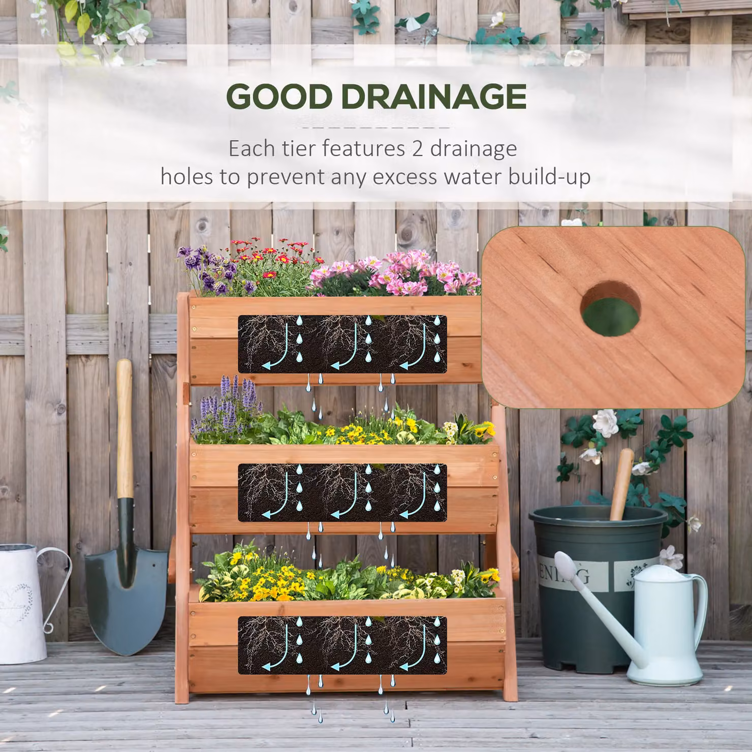 OUTSUNNY 3 Tier Wooden Raised Garden Bed Elevated Planter Box Kit in Brown, W/D/H: 75.0 x 76.0 x 65.0 cm – 4
