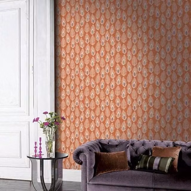 Arthouse Glam Feather Leaves Botanical Floral Wallpaper in Grey with Orange, Gold and Purple Metallic Accents