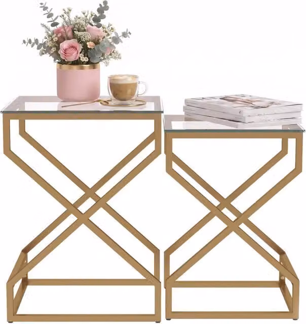 HOMCOM Modern Nest of 2 Side Tables with Transparent Glass Tops and Gold Metal Frames – 1
