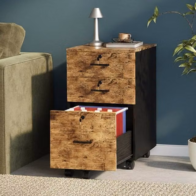EONLION Brown Wooden 3-Drawer Rolling File Cabinet with Castors – 1