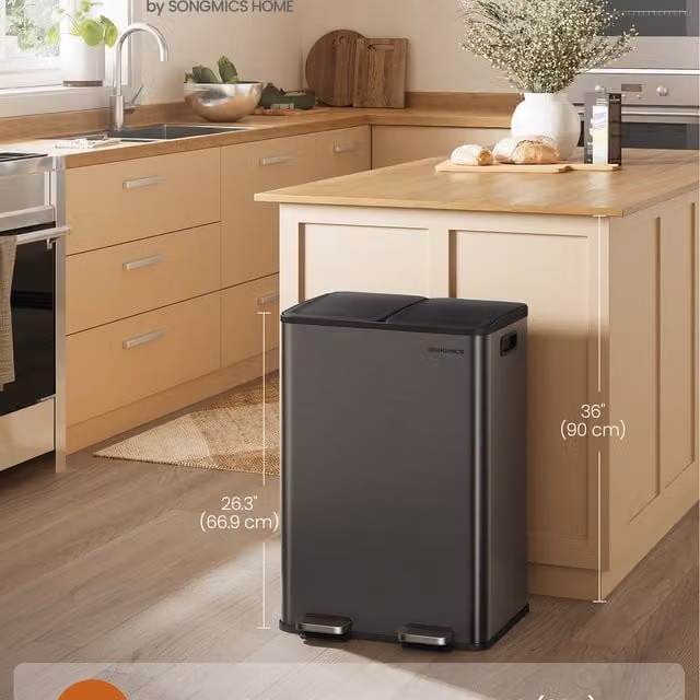 SONGMICS Dual-Compartment Pedal Kitchen Bin, 2 x 8 Gallon, Grey and Black