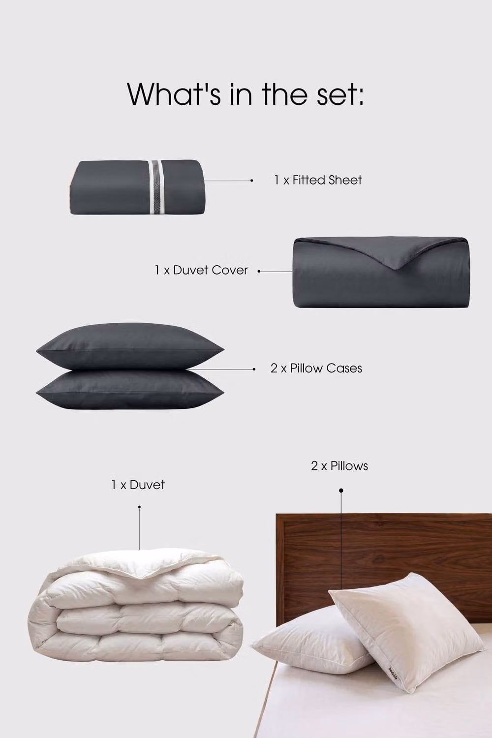 Bedable Sateen Bedding Bundle in Grey, Double Size, including Duvet and 2 Pillows – 1