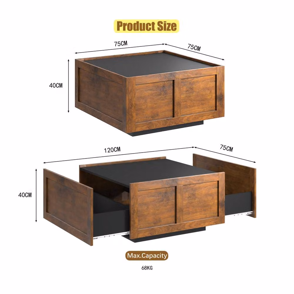 KEEPREAPER Mid-Century Brown Square Farmhouse Coffee Table with 2 Storage Drawers – 2