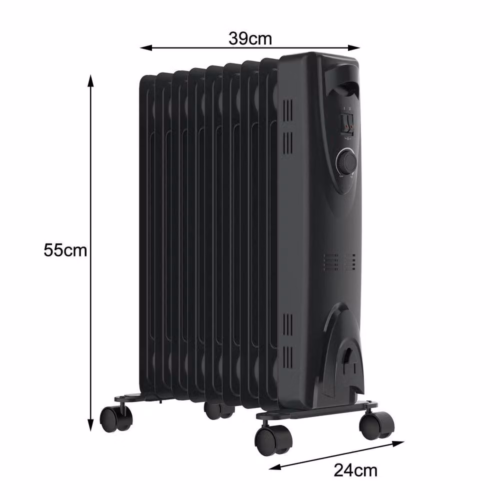 MYLEK 2kW Electric Oil Filled Radiator with Adjustable Thermostat in Black – 3