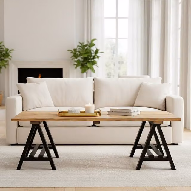 Orsina Rectangular Pine Wood and Metal Coffee Table with X-Frame Design in Black and Brown – 1