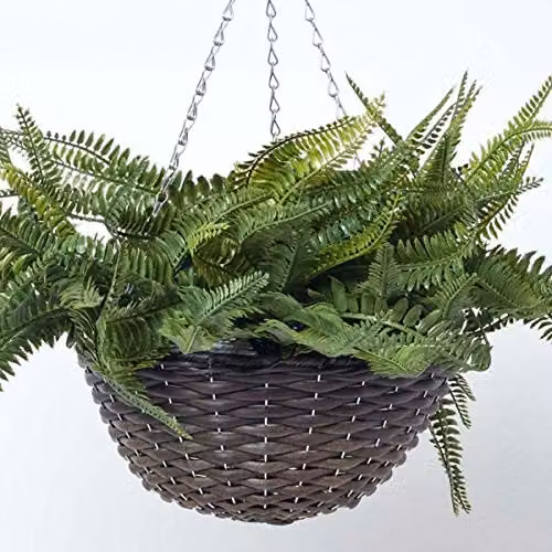 Homescapes Artificial Boston Fern Hanging Basket in Green with Silver Metal Chain – 6