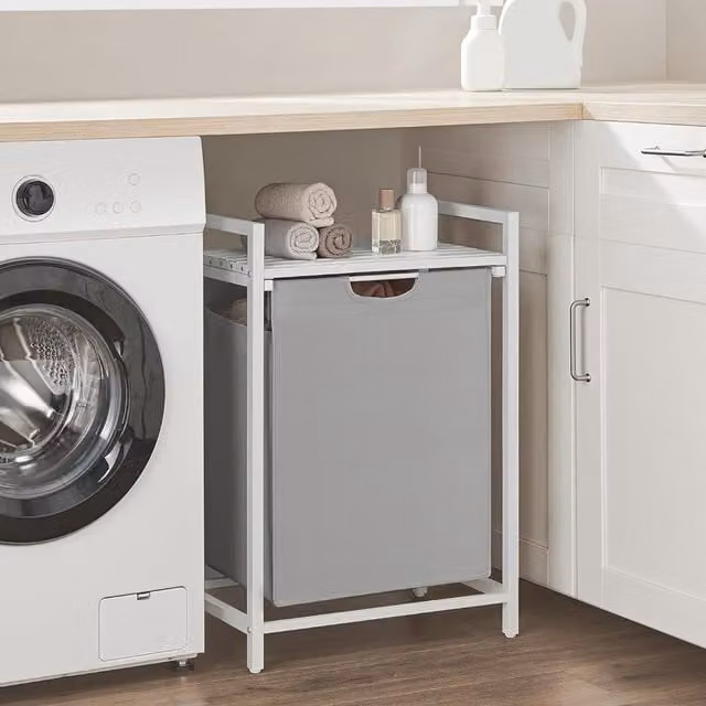 The Bazaarist Compact Laundry Basket with Removable Fabric Bag in Grey and White