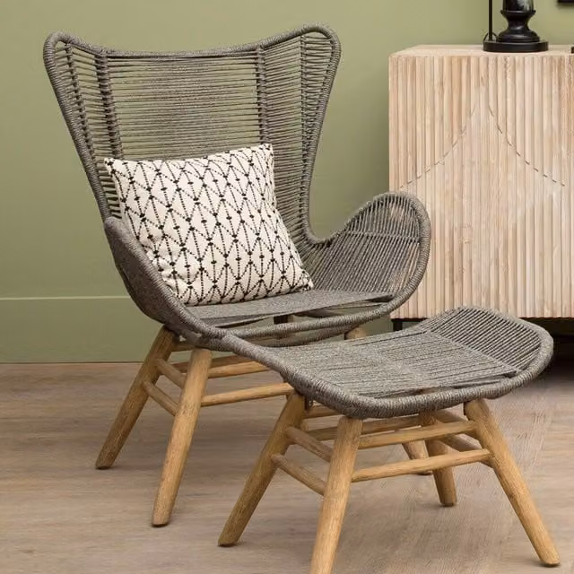 Orsina Rope Lounge Chair and Footstool in Grey