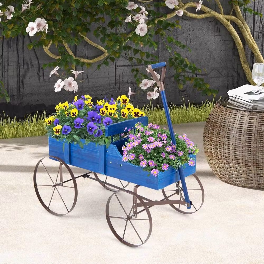 Gymax Blue Wood and Metal Decorative Wagon Flower Planter with Wheels, W/D/H: 62 x 34 x 60 cm – 2