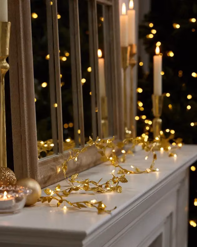 Dibor Golden Leaves Pre-Lit Christmas Table Decor Garland, Gold, 2m – 3