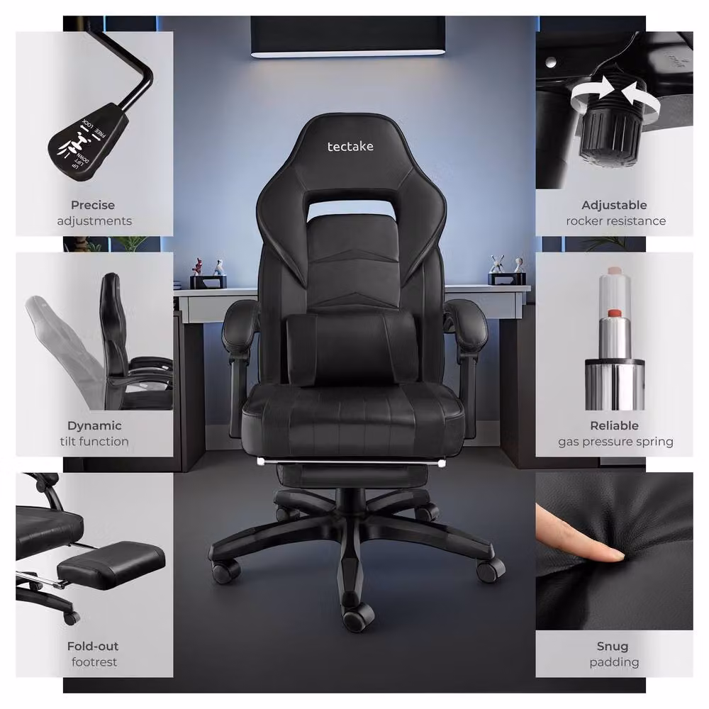 tectake Comodo Gaming Chair in Black with Synthetic Leather, Footrest and Adjustable Backrest – 7