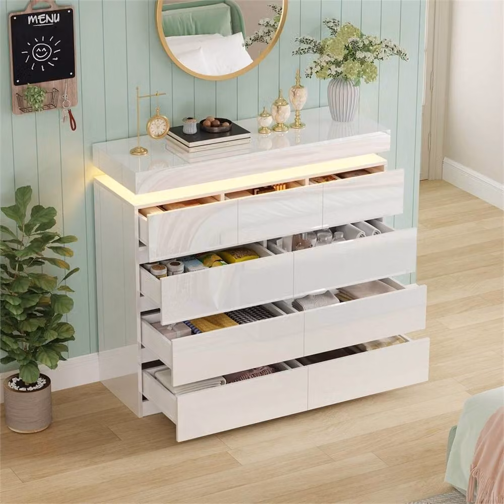 FORGEVIO 9 Drawer Bedside Table Cabinet in Glossy White with Integrated Lighting – 2