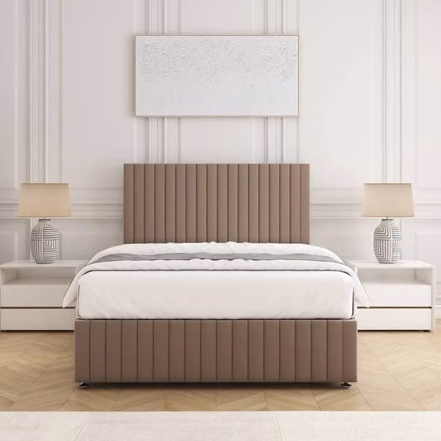 BSSPOKE Emma Super King Divan Bed Set with 24 inch Plush Velvet Headboard and Mattress in Taupe/Beige, W/D/H: 200 x 200 cm