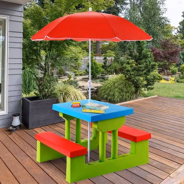Costway Kids Picnic Table and Bench Set with Removable Umbrella in Multicolour