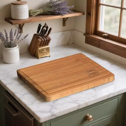 Simpa Set of 2 Pre-Oiled Reversible Bamboo Chopping Boards in Beige, Rectangular with Groove, W: 40 cm x D: 28 cm and W: 33 cm x D: 23 cm – 6