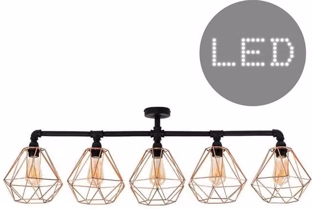 ValueLights 5 Way Industrial Pipework Bar Ceiling Light in Satin Black with Copper Basket Cage Shades and Warm White LED Bulbs