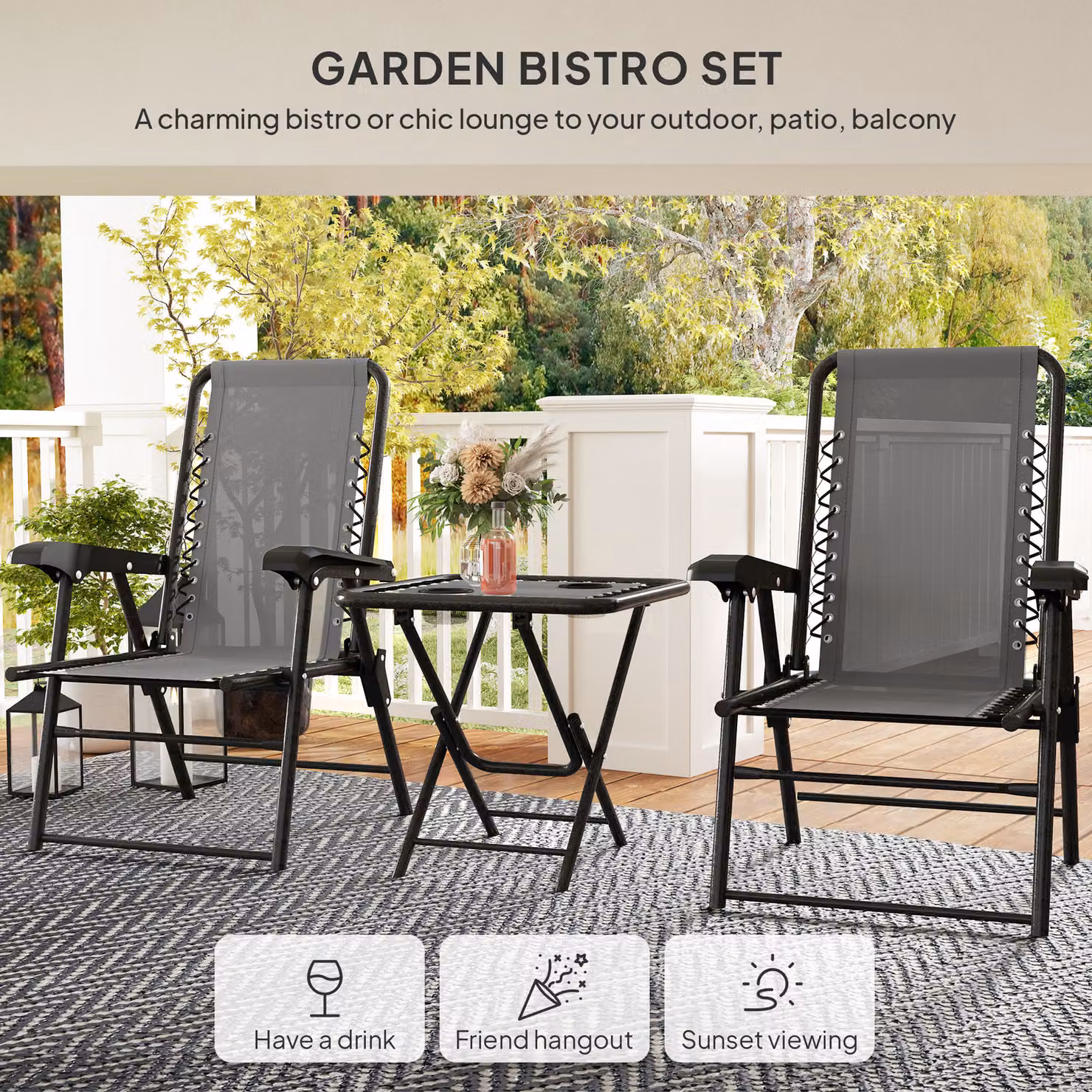 Outsunny Three-Piece Modern Garden Table and Chair Set in Grey with Glass Top and Powder Coated Steel Frame – 4