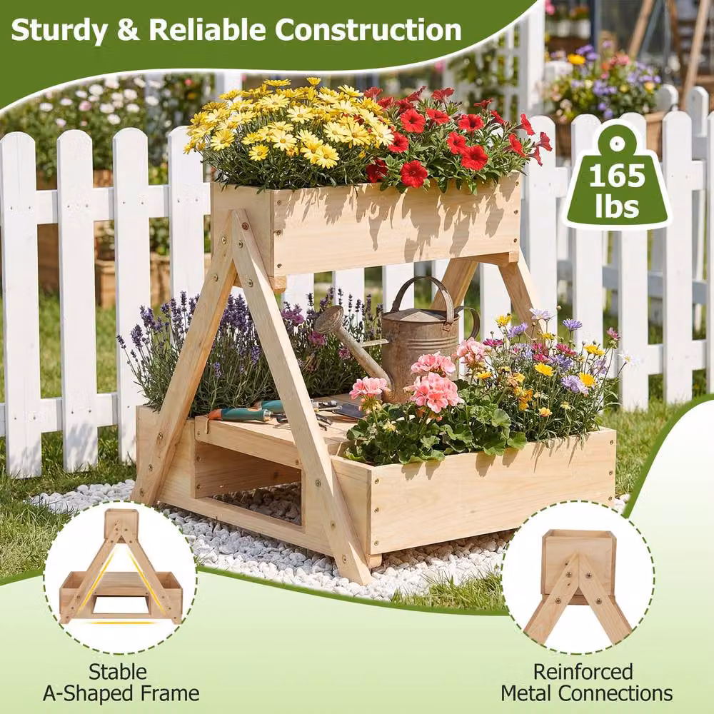Costway Wooden Raised Garden Bed with Drainage Holes in Natural Brown – 4