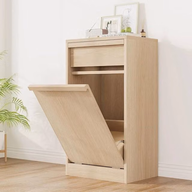 VOGREX Brown Wooden Tilt-Out Hidden Trash Cabinet for Kitchen and Dining Areas