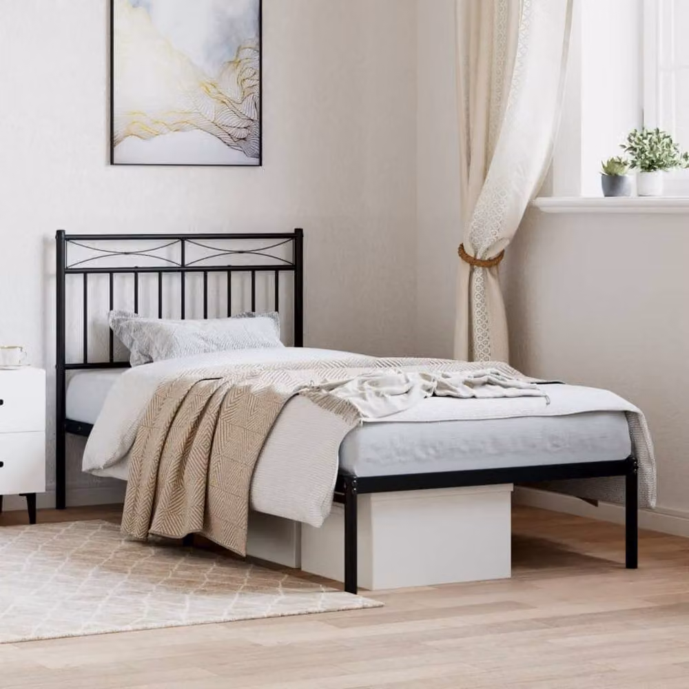 Berkfield Home Metal Single Bed Frame with Headboard in Black, W/D/H: 90 x 190 cm – 2