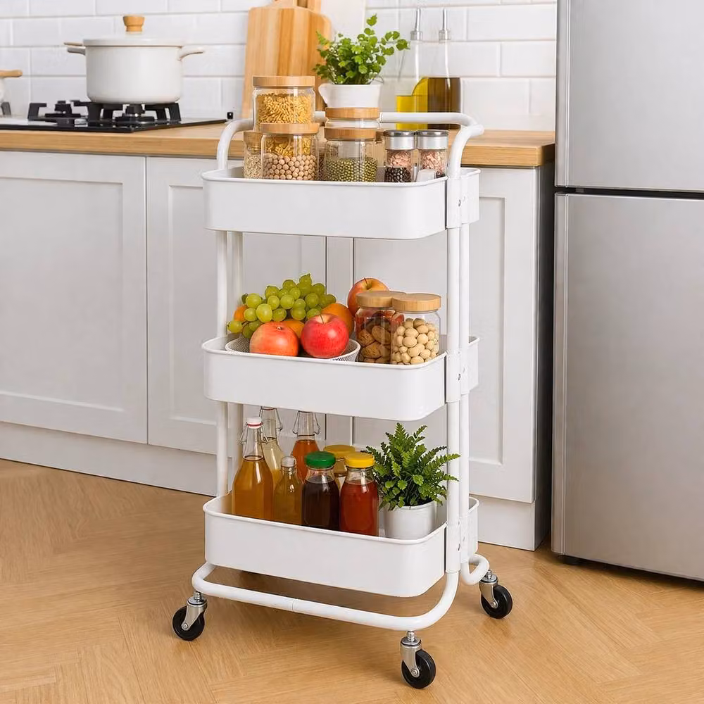 VOGREX White 3-Tier Metal Wheeled Storage Trolley, W: 36.0 cm, D: 43.0 cm, H: 86.0 cm – 2