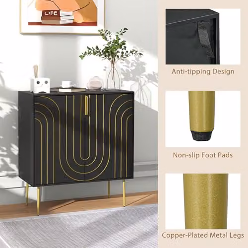 HOMCOM Art Deco Kitchen Sideboard with Integrated Lighting and Metal Legs, Black and Gold – 5