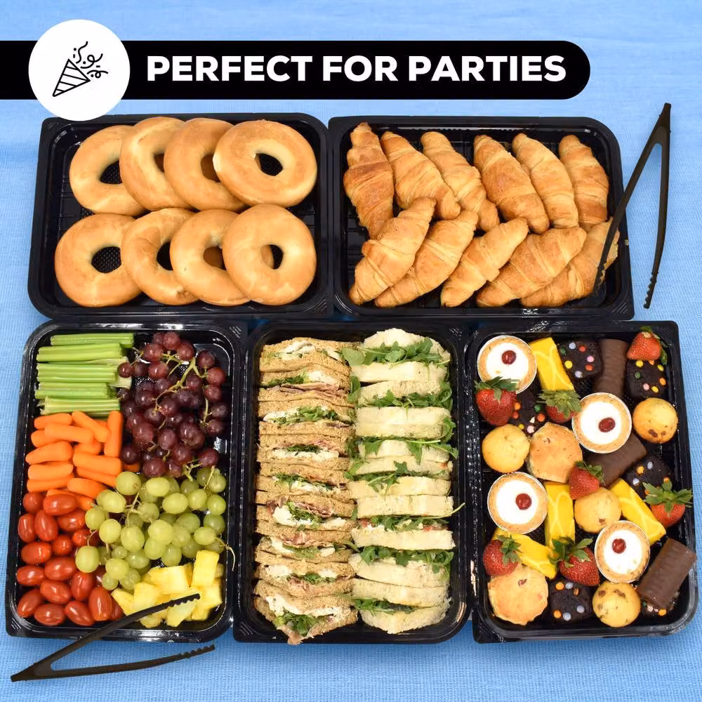 ebake 10 Pack Black Rectangular Plastic Serving Platter Trays with Transparent Lids – 6